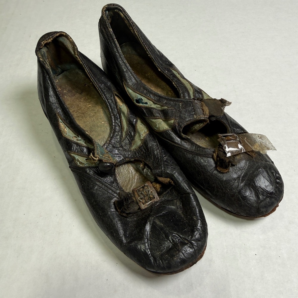 Antique Victorian Kids Leather Dress Shoes Black Green Silk Inset Buckle